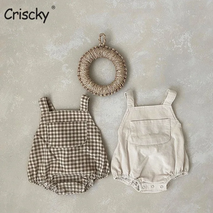 

Criscky 2022 Autumn Infant Baby Girls Plaid Jumpsuit Outfit Solid Color Ruched Casual Sleeveless Suspender Rompers