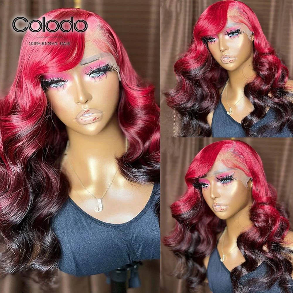 

COLODO Ombre Red Pre Plucked 13x4 Lace Front Wig Nature Color Brazilian Remy Human Hair Glueless Wigs Body Wave Wiith Baby Hair