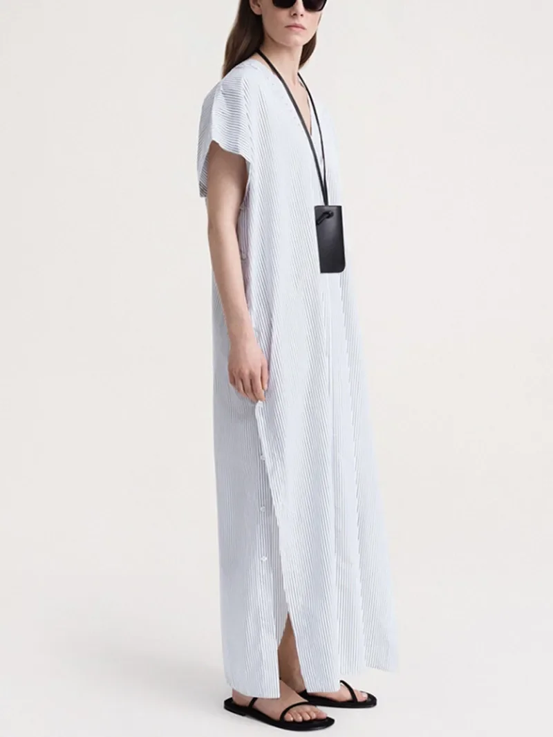 

Women's Long Straight Dress 2023 New Summer Side Buttons V-neck Loose Classic Casual Short Sleeve Slit Robes