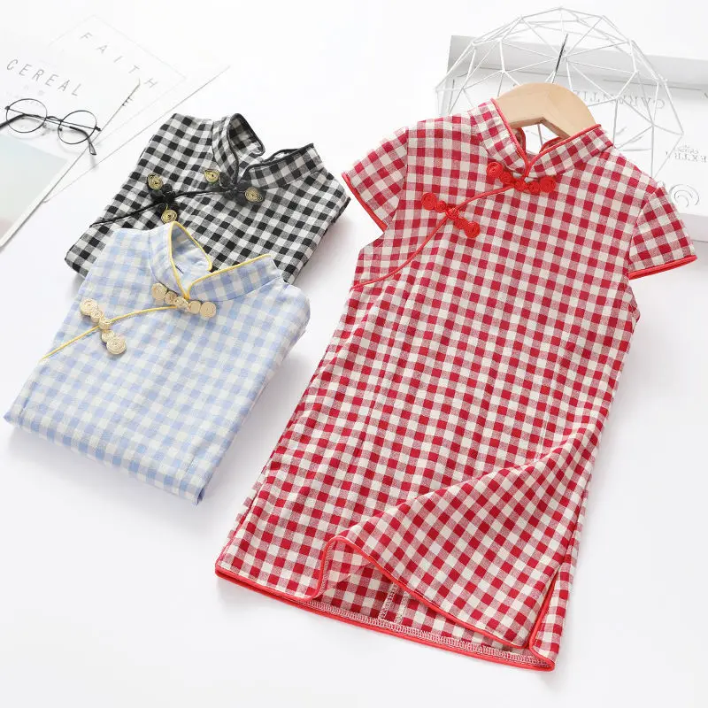 3-8 Years Old Girls Cheongsam Children's Summer Dress Little Chinese Style Baby Qipao Skirt Red/Bla |