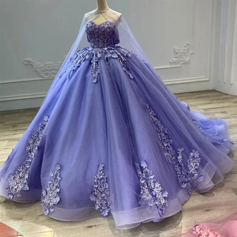 

Luxury Lavender Quinceanera Dresses 3D Flower With Cape Crystal Applique Princess Birthday Vestidos De 15 Años