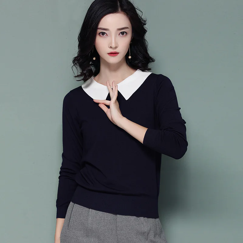 

New ladies lapel casual loose long sleeve sweater gray