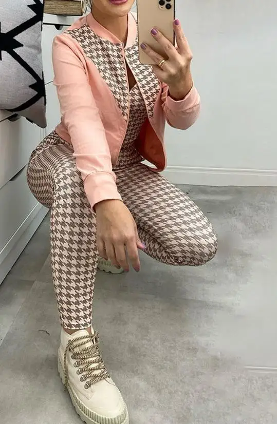 

Elegant Style Houndstooth Print Crop Top Pants Set with Colorblock Coat Autumn Winter Spring Fashion Casual Female Suit 3Pcs