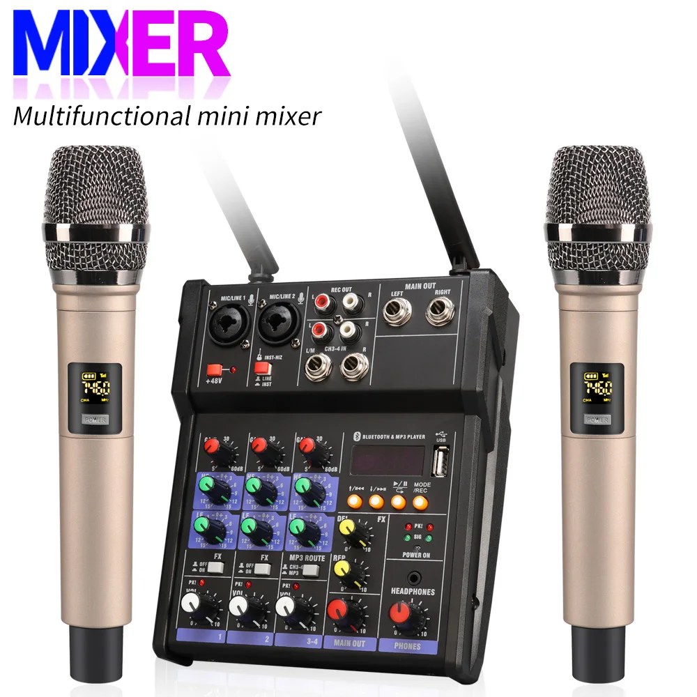 

R20- 4 Channel Audio Mixer Console with Wireless Microphone Mini DJ Bluetooth Mixer with 48V Phantom Power