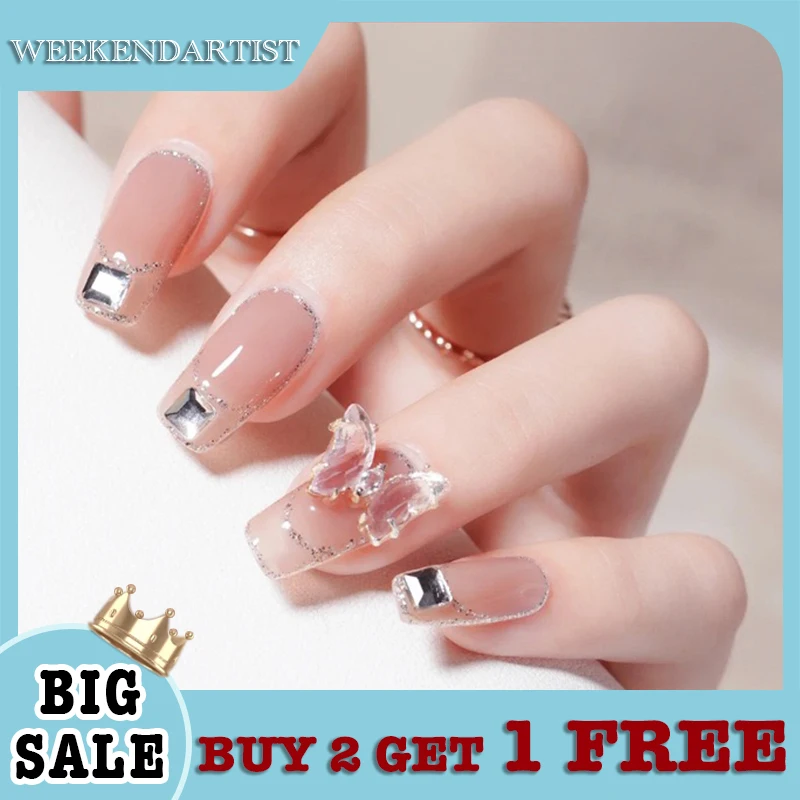 

24Pcs Short Round/Square Head False Nails Wearable Glitter Sequins Fake Nails Full Cover Acrylic Nail Tips Press On Nails