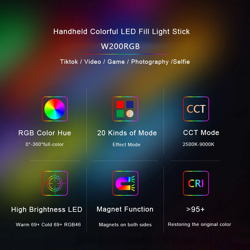 W200 Магнитный светильник RGB 20 см ручная лампа Светодиодная трубка для селфи