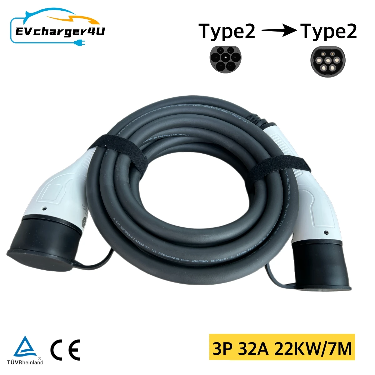 

EVcharger4U Type2 to Type 2 Кабель для зарядки EV 7M 3 фазы 32A 22KW IEC62196 Удлинительные кабели для зарядного устройства для станции EVSE