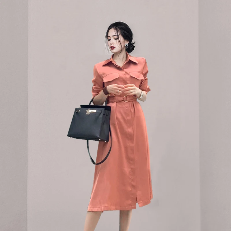 2024 новое осеннее корейское элегантное офисное платье-рубашка женское