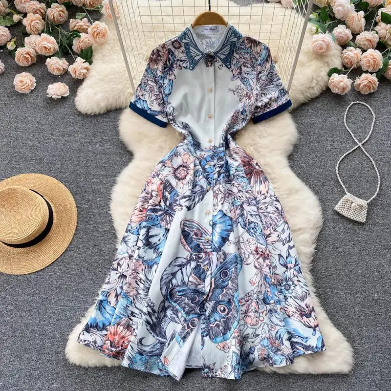 

WEIHAOBANG 2022 Summer Women New Printed Lapel Short Sleeve Single Breasted Dress Casual Medium Long High Waist A-line Skirt