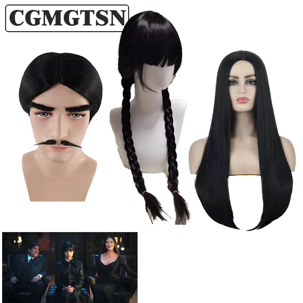 

CGMGTSN Movie Wednesday Addams Cosplay Women Long Hair Wig With Bangs Braided Gomez Morticia Mom Wigs Halloween Party Props