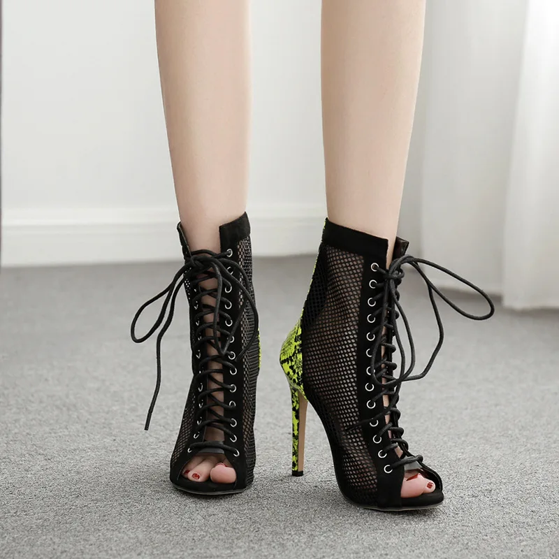 

Female High Heels Women Sandals Mesh Stiletto Solid Color Increase Lace Fish Mouth Shape Back Zipper Women Roman Sandals Heels