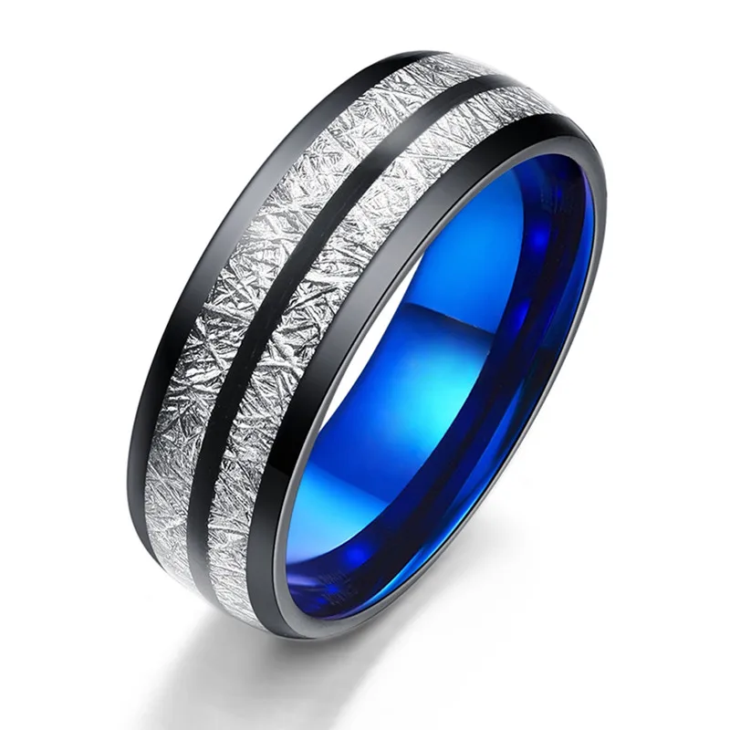 

Trendy 8mm Black Tungsten Wedding Steel Ring For Men Women Blue Dome Double Groove Carbon Fiber Inlay Ring Men Wedding Band Gift
