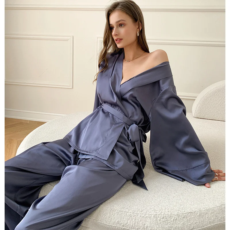 

2023 Women's Pajamas Set Solid Sleepwear Silk Like Casual Homewear V Neck Nightwear Simplicity Nightgown Femme пижама женская