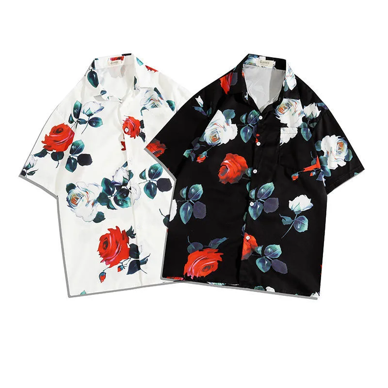 

Flower Printed Oversized Men Shirts Vintage Retro Button Shirt Mens Floral Clothing Korean Clothes Beach Harajuku Blouses