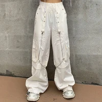 qweek harajuku gothic white cargo pants with chain women mall goth hippie moda punk loose baggy oversize korean style trousers