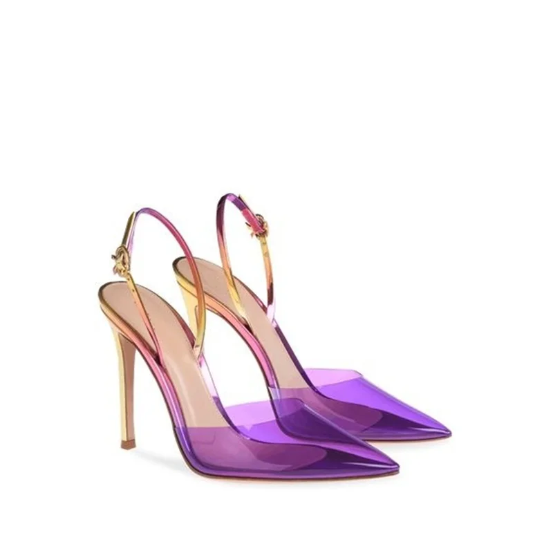 New Arrivals Purple PVC Slingback Shoes Pointed Toe Gradient Transparent Stiletto Heel Pumps Shallow Celebrating Party Shoes images - 6