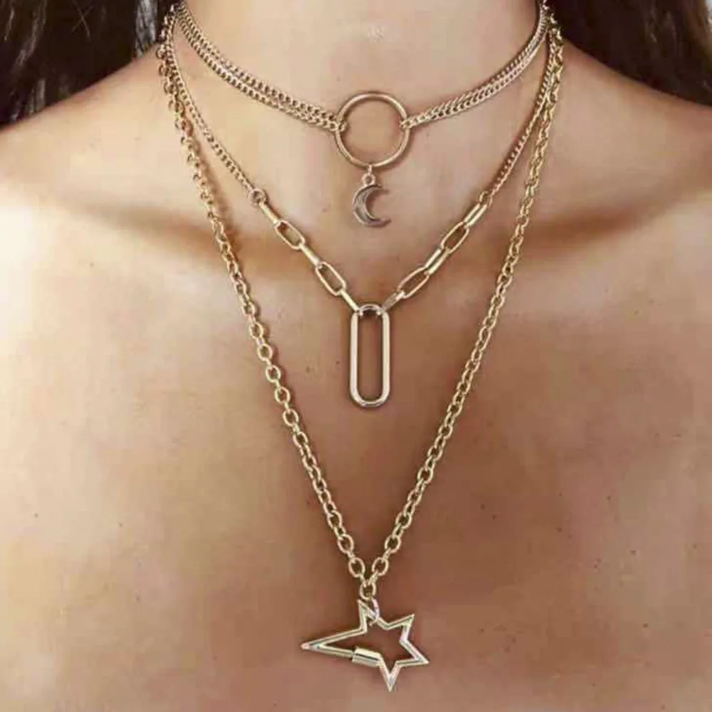 

Bohemia Trendy Multilayer Moon Star Pendants Necklaces For Women Gold Metal Chain Chocker Hiphop Jewelry New Design Gift