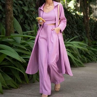 new arrival women set three piece singble breasted long trench high waist pantsleeveless vest suit casual outfits 2022 autumn