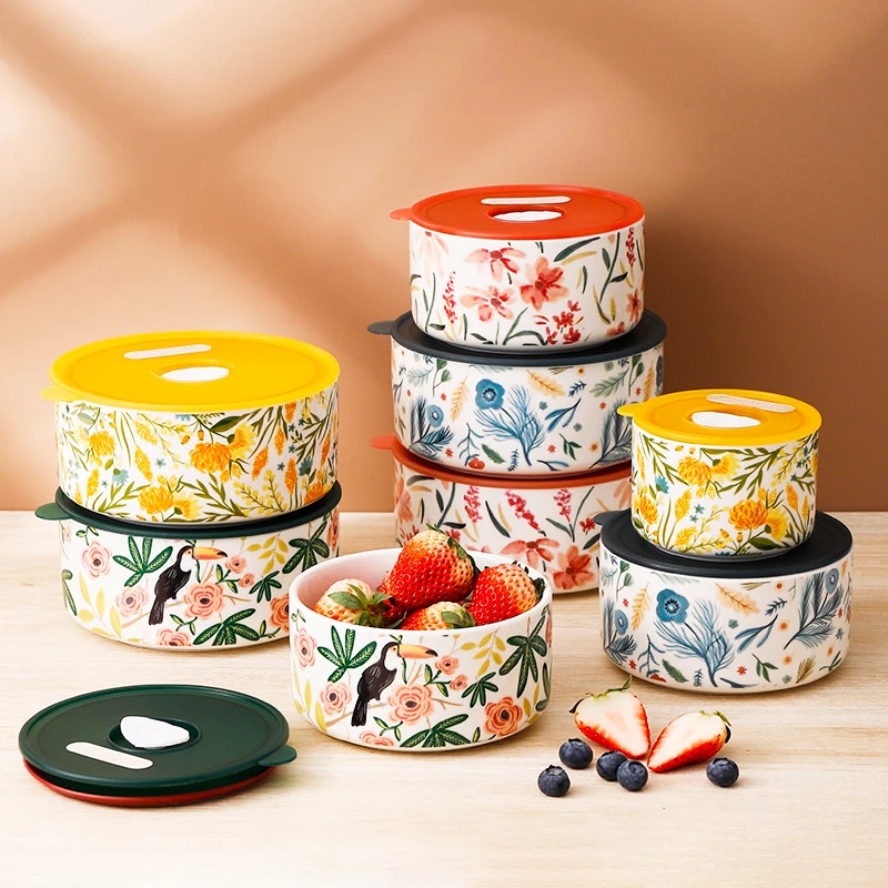 

JINYOUJIA Flower Ceramic with Cover Bowl Cereal And Milk Container Airtight Food Storage Box Crisper Bowl-type Food Storage