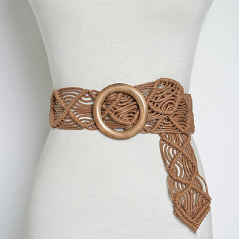 

Vintage Wide Bohemian Belts For Women Round Wood Buckle Woven Braided Rope Belt Female Casual Belt Crochet Boho Dress Waistband