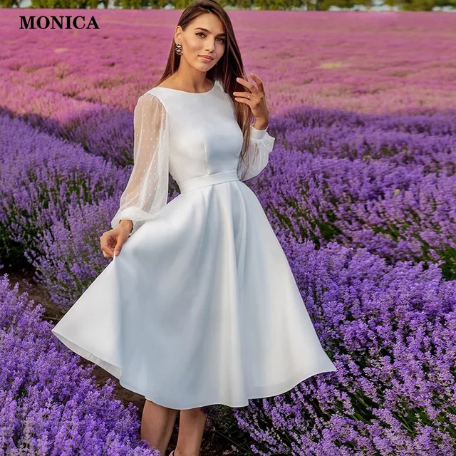 Elegant Short Wedding Dresses Lace Tulle Modest Long Sleeve Scoop Neck Bohemian Beach Garden Bridal Gowns 2022 Vestido De Novia 1