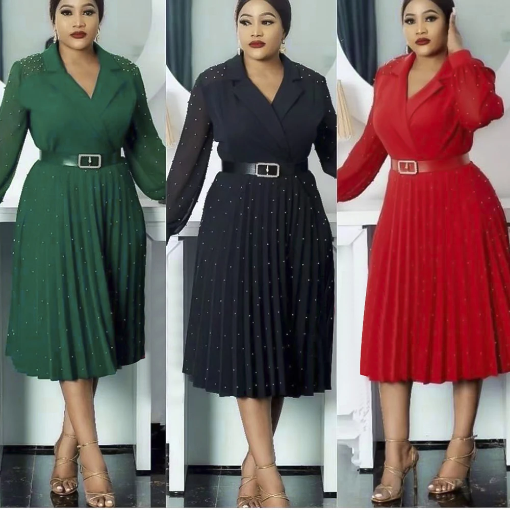 

Elegant Office Ladies Pleated Dresses African Ankara Long Sleeve Gown Vetement Femme 2022 Women Vintage Robe Turkish Clothing