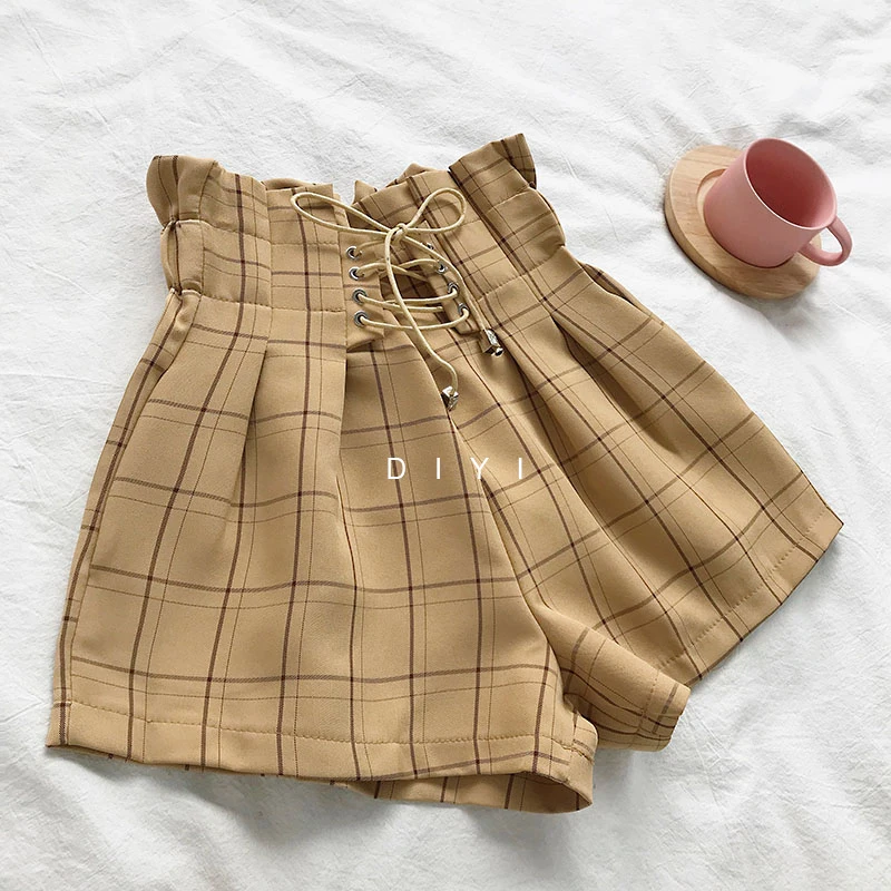 2021 Korean Fashion High Waist Bandage Loose Wide Leg Casual Shorts Summer New Vintage Temperament Commtue Plaid Short Pants