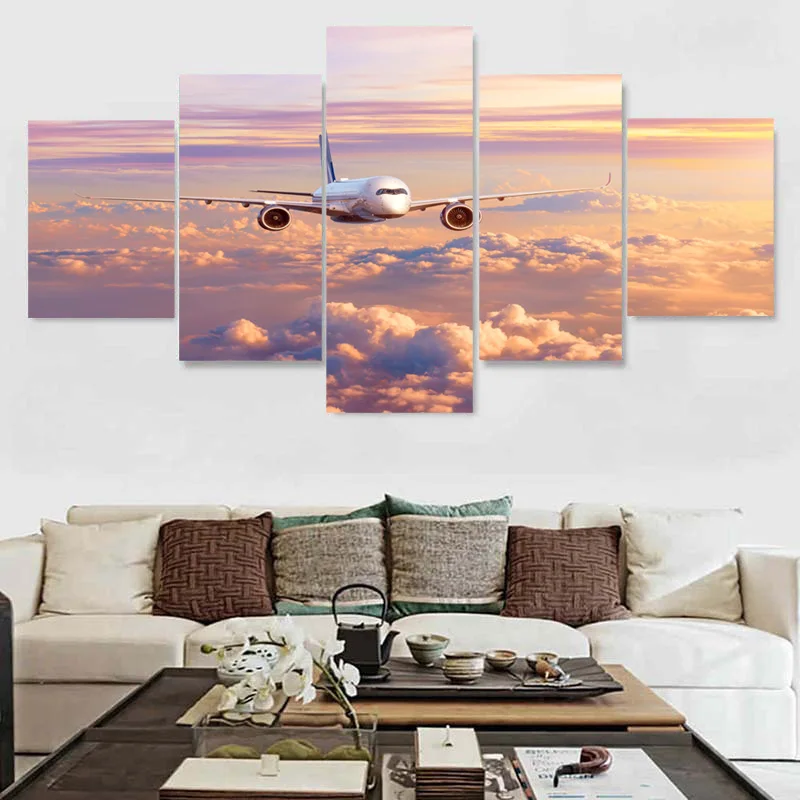 

5 панелей толстые облака летающий самолет скандинавский пейзаж холст живопись плакаты зал и принты настенные картины Декор для дома без рам...