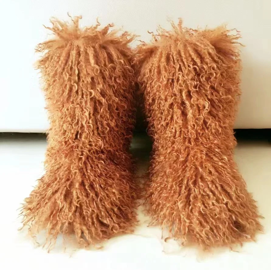 

2022 Women Winter Snow Boots Outdoor Faux Wool Boots Luxury Furry Curly Fur Boots Woman Plush Warm Platform Shoes Large Size 46