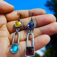 newest tribal four color crystal drop earring asymmetrical jewelry antique metal square round stone dangle earrings for women