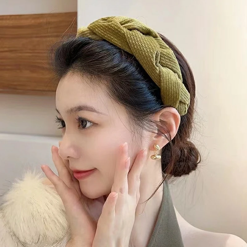 

New Solid Color Fabric Braided Headband Retro Twist Hair Hoop Small Wide-brimmed Multi-layer Cross Knot HairBand Girl Headwear