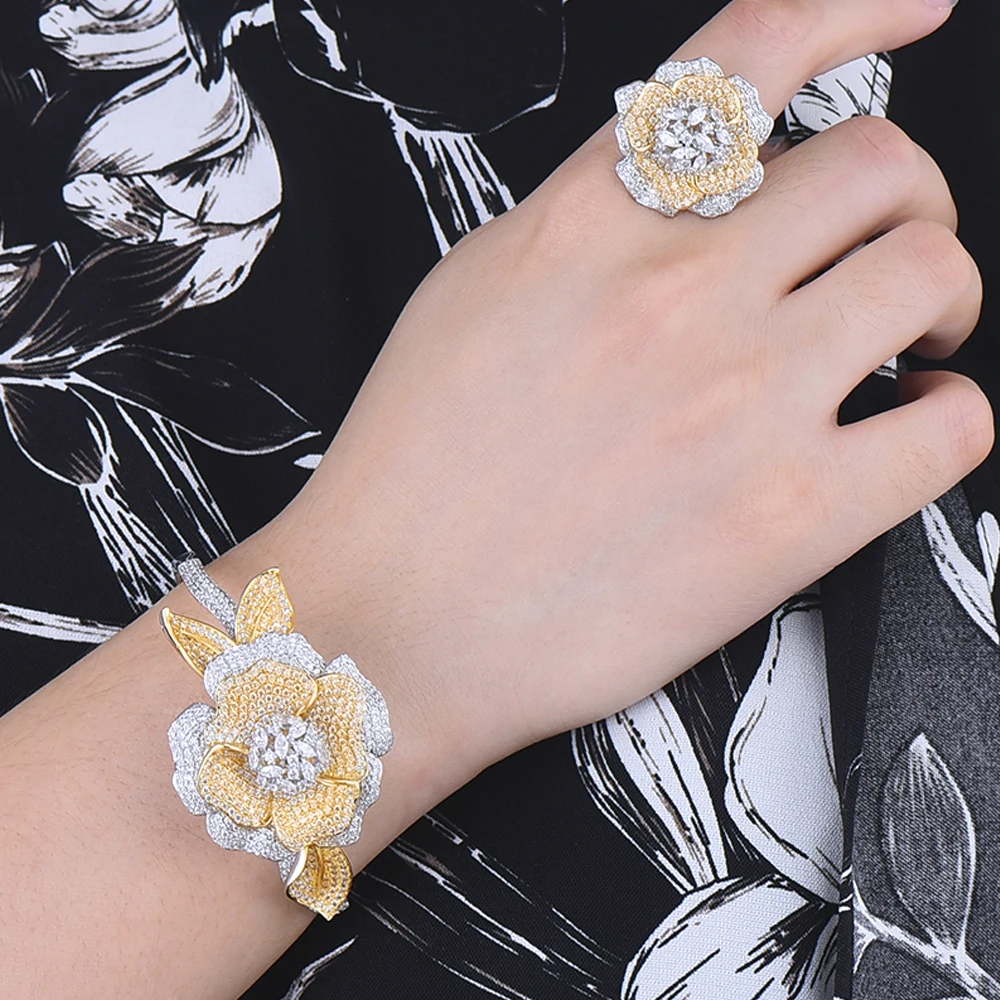 

Missvikki Luxury Blooming Spring Flowers Jewelry Set Bangle Ring Gorgeous Exquisite Accessories Women Bijoux Prom Party Jewelry