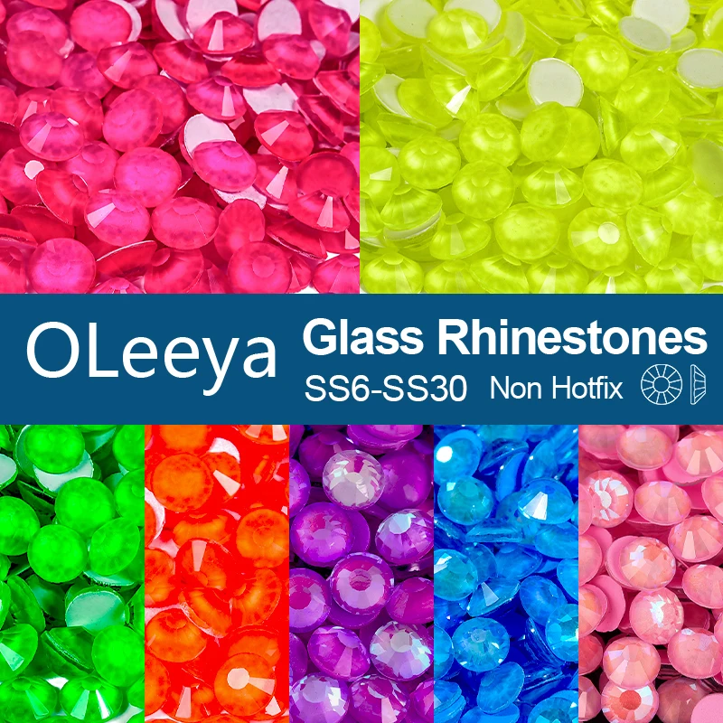 Фото Стразы OLeeya SS6-SS30 неоновые, без термофиксации, плоские, стеклянные, с блестками, для дизайна ногтей, рукоделия, декора одежды, стразы-камни