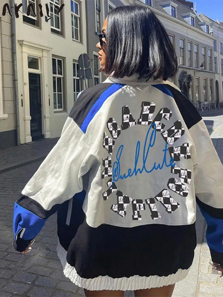 

Akaily Summer Letter Print Baseball Jacket For Women 2022 White Patchwork Long Sleeve Coats Female Loose Button Up Bomber Jacket