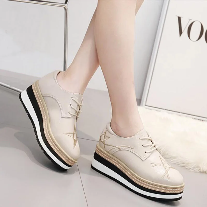 

Spring Autumn New 2023 Waterproof Platform Sneakers Thick Soled Ladies Block Casual Shoes Black Beige 7CM High Heels P-1818