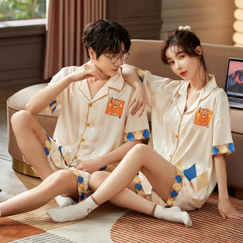 New Couple Pajamas Summer Ice Silk Senior Sense Short-Sleeved Shorts Two-piece Suits Casual Simulation Silk Women Men Home Wear