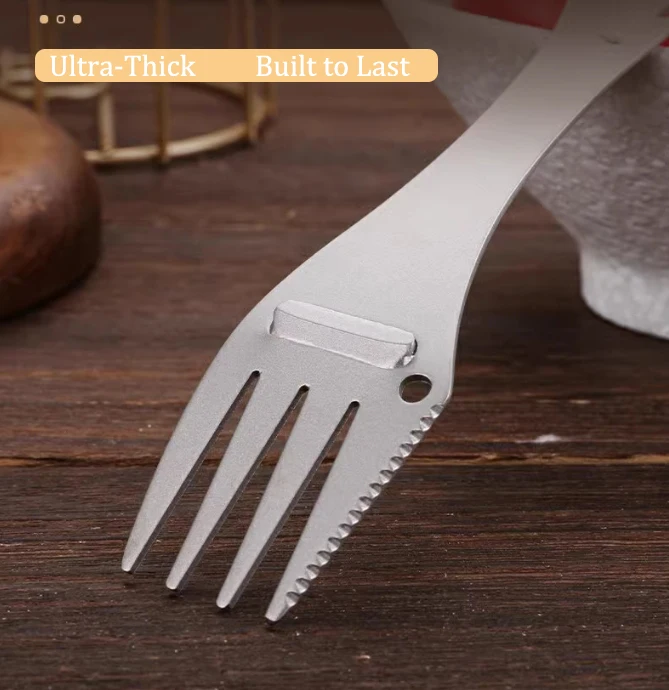 Фото Титановый многофункциональный инструмент Spork Посуда 6-в-1 с ложкой, вилкой, ножом, открывателем для бутылок, подвесным отверстием и ножом Ультра-прочный №3