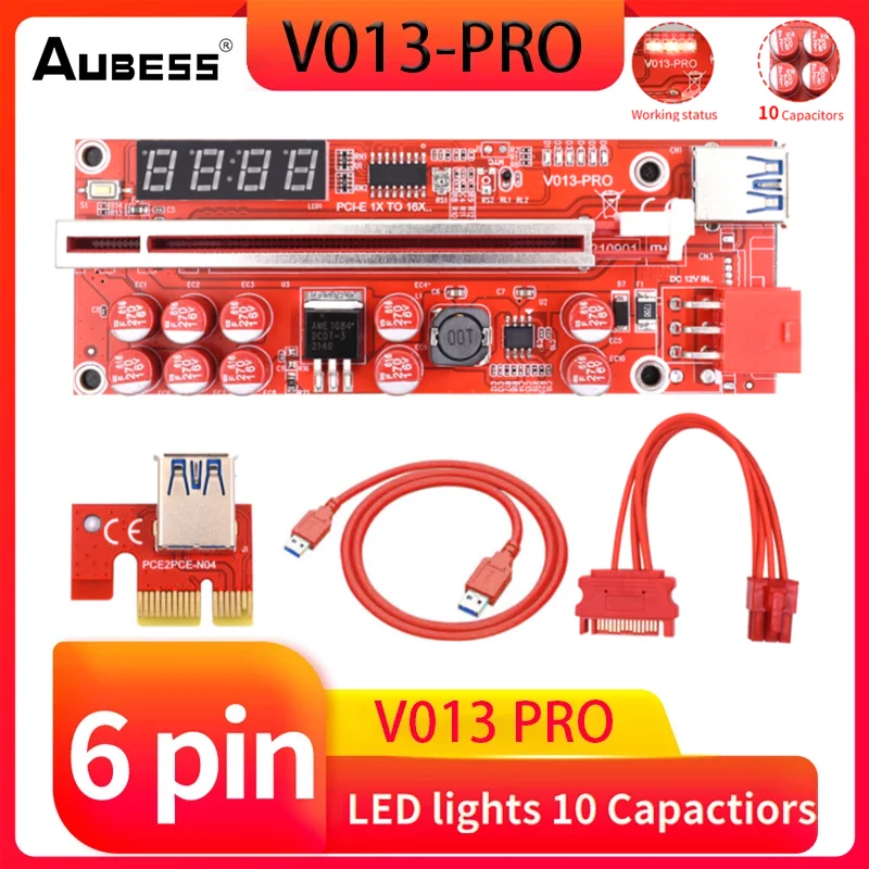 

1-5 шт. PCIE Riser 013 Pro Riser для видеокарты GPU Pci Express X16 USB3.0 6-контактный кабель Riser с индикатором температуры для майнинга биткоинов