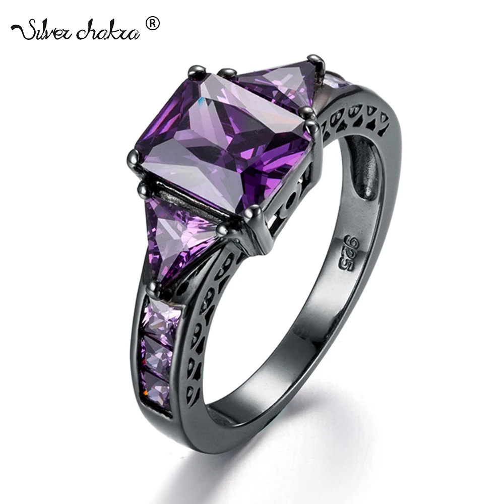 

925 Sterling Silver Ring For Women Black Gold Purple Amethyst Rings Wedding Vintage Designer Fine Jewelry Handmade