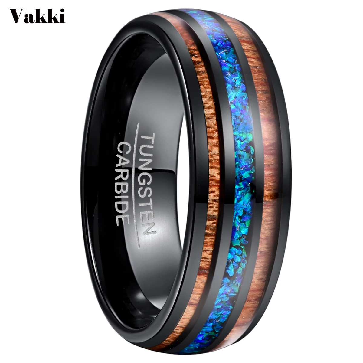 

VAKKI Comfort Fit 8mm Natural Acacia Black Wood Ring Opal Tungsten Carbide Ring for Men ring 100% Tungsten carbide Material