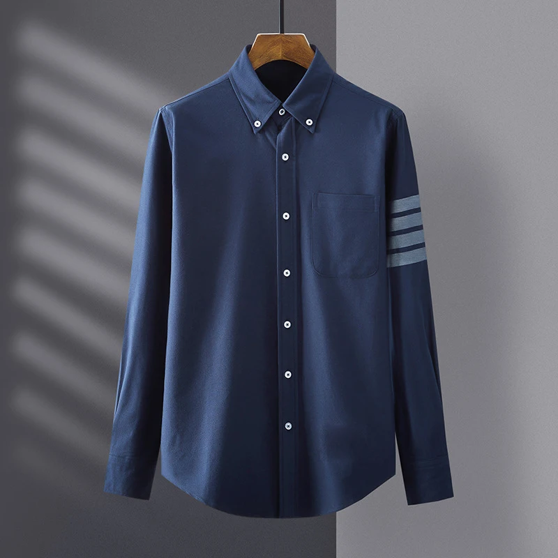 

Мужская рубашка в Корейском стиле TB THOM, синяя хлопковая блузка в полоску с двумя нагрудными карманами, деловая рубашка из ткани Оксфорд, нов...