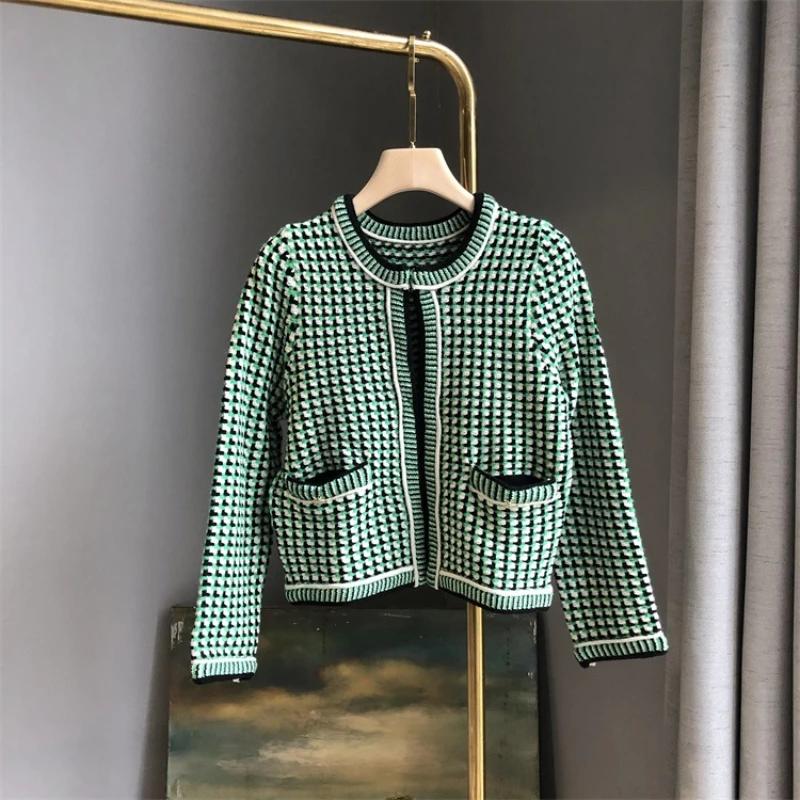 Весна 2022 новый дизайн Женский вязаный кардиган зеленого цвета с квадратной