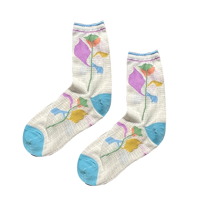 Summer Thin Retro Japanese Lace Hand-Painted Flowers Ins Trendy Tube Socks Graffiti Jacquard Socks