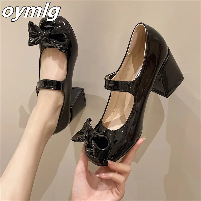 

2022 new square head bow Mary Jane shoes fairy style patent leather one-word buckle retro thick heel high-heeled shoes women