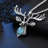 trendy christmas elk deer animal turquoise stone ladies titanium steel pendant necklace jewelry sweater chain hot sell