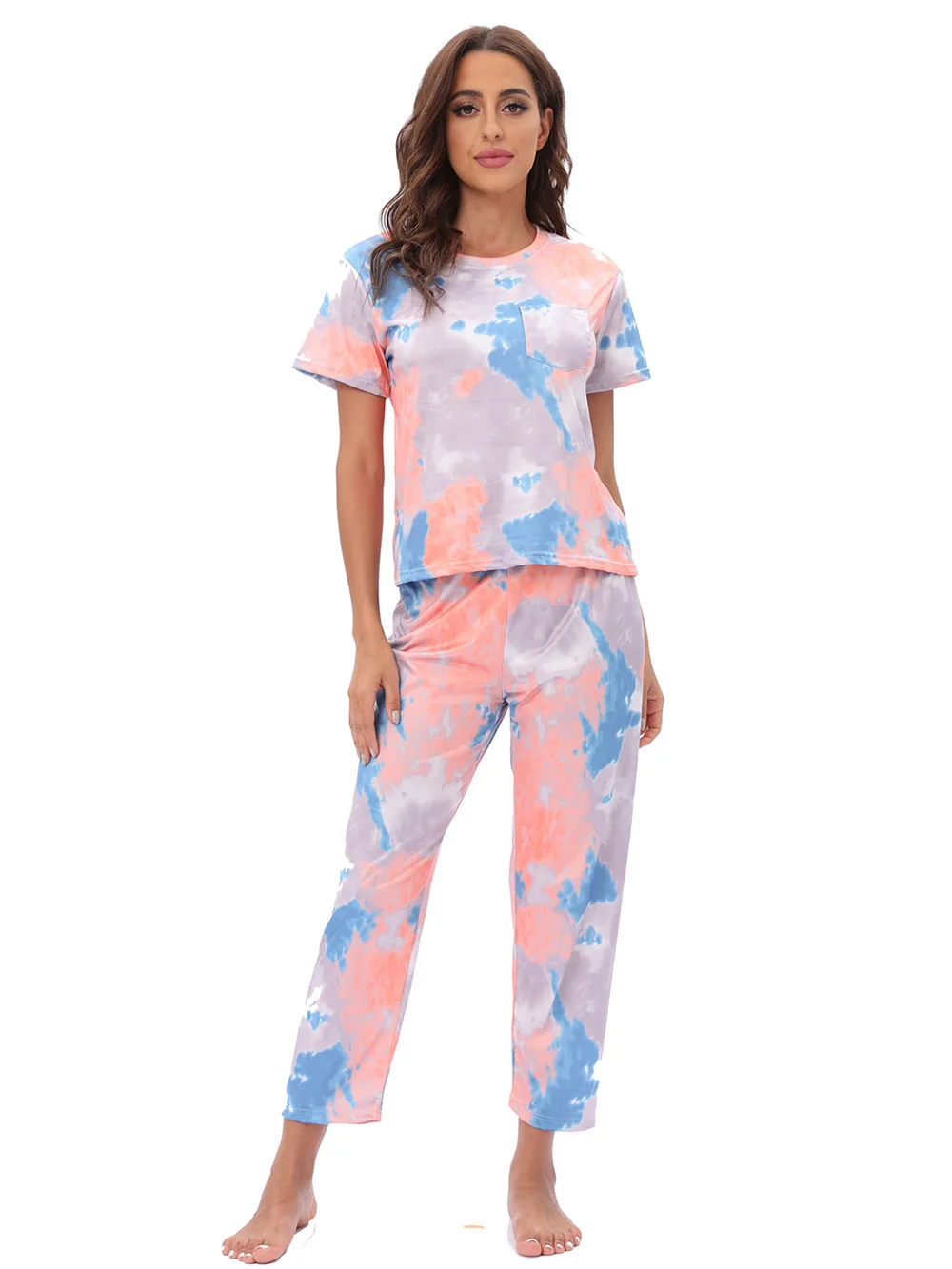 Women's Two-Piece Pajama Set Tie-Dye Printed Long Casual Set Short Sleeve Top and Pants Pajama Loose Leisure Homewear