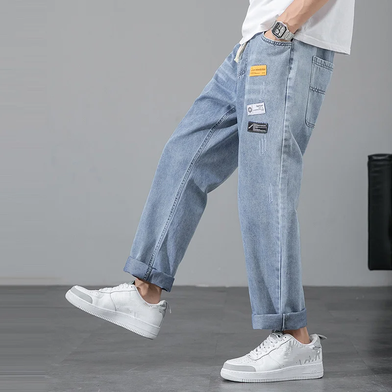 Men's Jeans Loose Straight Denim Pants Summer 2022 New Elastic Waist Casual Versatile Thin Trouser Male Bottoms Plus Size S-3XL