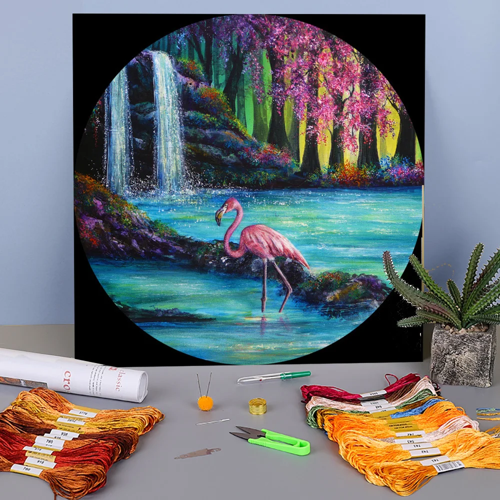 

Natural Scenery Flamingo Falls Printed Fabric 11CT Cross Stitch Complete Kit DIY Embroidery DMC Threads Sewing Needle
