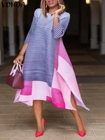 vonda summer women patchwork dress fashion 2022 office sundress asymmetric hem striped dress beach printed vestido robes longue