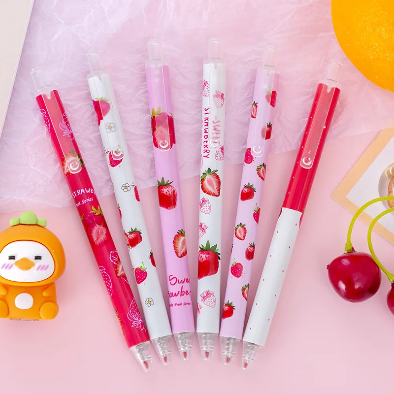 

6PCS Kawaii Korean Strawberry Press Black Ink Gel Pen Bullet Tip 0.5mm Office Child Stationery School Supply Ballpoint Pen